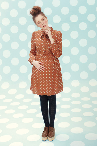 38周磚紅色波點雪紡連衣裙