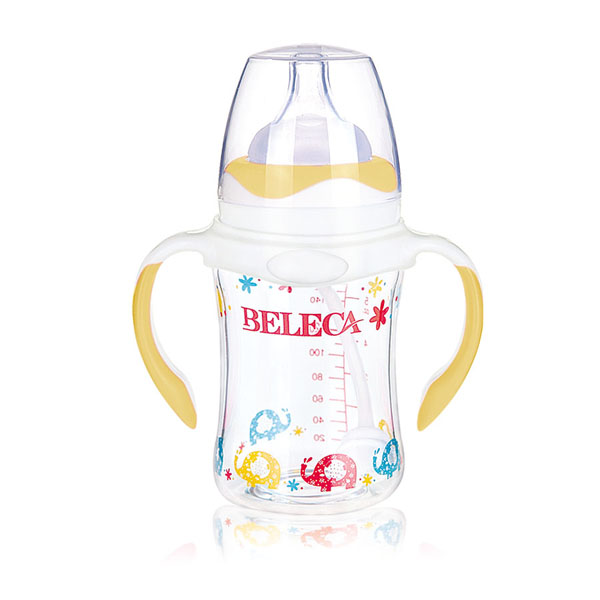 貝樂嘉黃色卡通小象雙柄防摔玻璃奶瓶