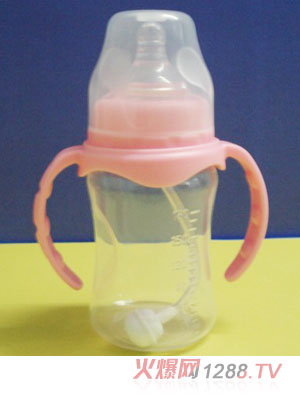 嬰兒寬口粉色帶吸管PP奶瓶