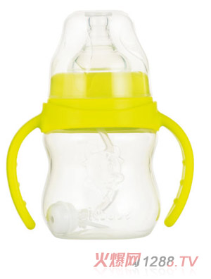 okbebe寬口徑弧形PP自動握把奶瓶1014