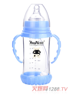 幼愛帶柄自動吸防摔感溫晶鉆玻璃寬口奶瓶240ml