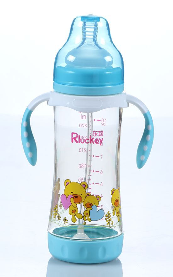 樂(lè)起300ML帶柄寬口徑防滑奶瓶藍(lán)色